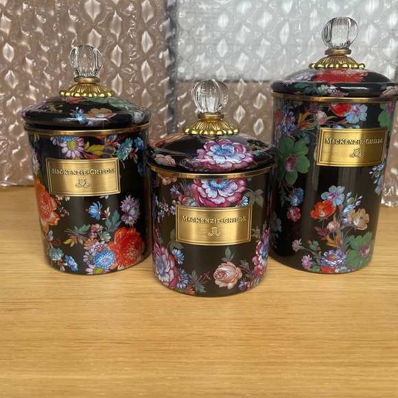 RETIRED & low stock MacKenzie-Childs Black Floral Canister set of 3 in a box - Picture 10 of 11